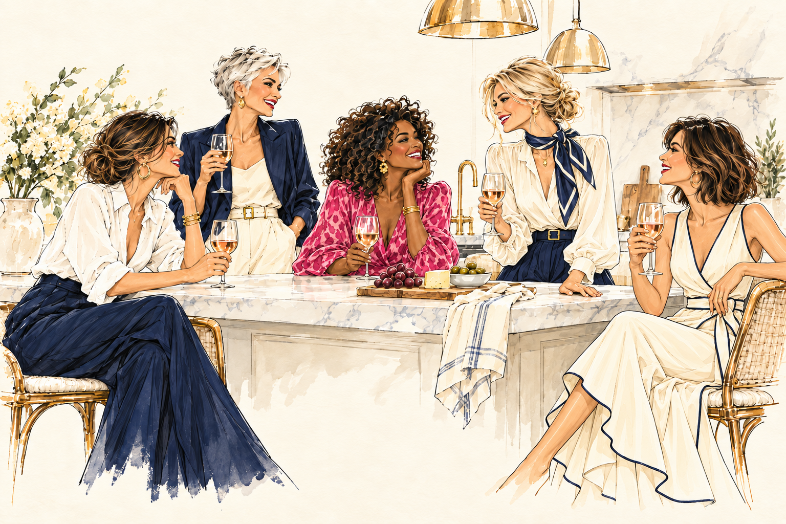 Five women sharing wine and conversation in an elegant Southern kitchen